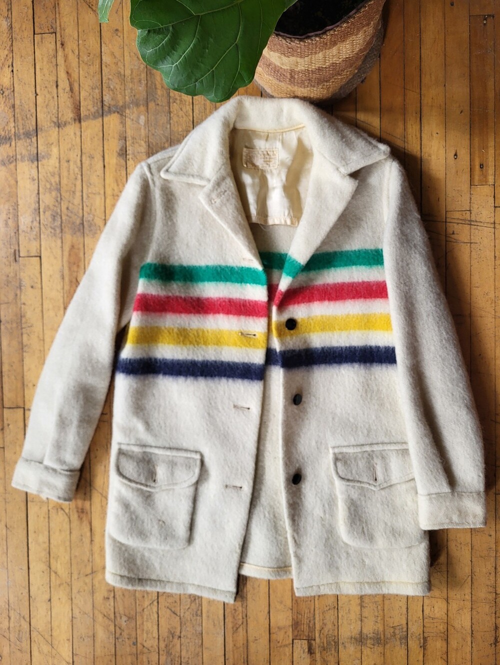 Vintage 1970s Hudson's Bay cream wool coat W/ Classic Stripes Sz XS/S